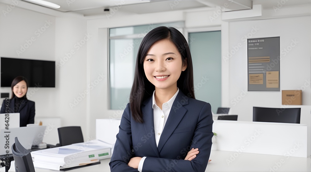Confident and Ready: A professional woman in a navy suit with her arms crossed, confidently smiling at the camera in a modern office setting. A sense of professionalism, capability, and success radi Confident and Ready: A professional woman in a navy suit with her arms crossed, confidently smiling at the camera in a modern office setting. A sense of professionalism, capability, and success radi