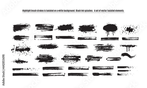 Highlight brush strokes is isolated on a white background. Black Ink splashes.  A set of vector isolated elements.