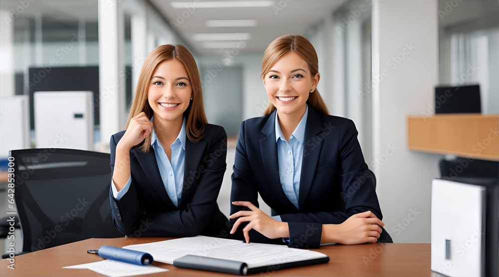 Confident Professional Duo: Two young businesswomen radiate success, their smiles reflecting ambition and teamwork in a modern office setting. Confident Professional Duo: Two young businesswomen radiate success, their smiles reflecting ambition and teamwork in a modern office setting.