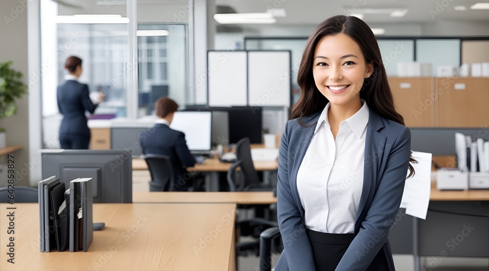 Confident Businesswoman in Modern Office: A professional Asian businesswoman stands confidently in a modern office setting, showcasing her success and leadership. The image captures a sense of empower