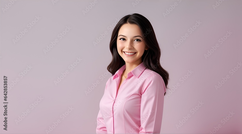 Confident in Pink: Portrait of a young businesswoman radiating confidence and approachability against a soft pink backdrop. Confident in Pink: Portrait of a young businesswoman radiating confidence and approachability against a soft pink backdrop.