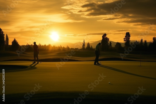 Golfers play a round of golf on a beautiful sunset. © Creative