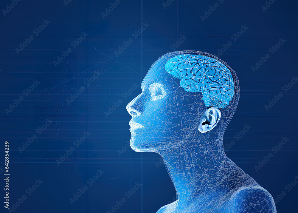 Obraz premium Human head wireframe with brain illustration. 