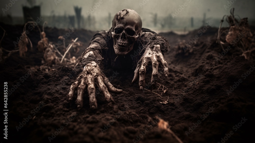 Halloween Dead Hand Emerging from the Soil, generative AI