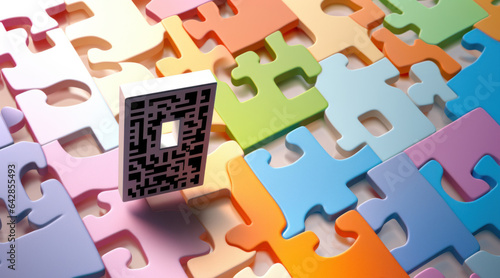 A cold cryptocurrency wallet featuring a QR code is displayed against a colorful puzzle background. The setup represents the intricate and secure nature of blockchain technology and cryptocurrency.