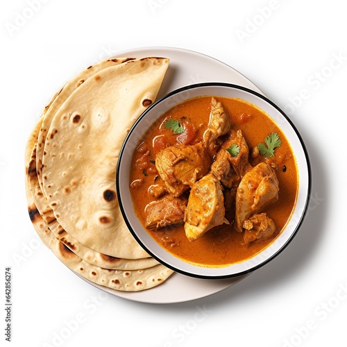 a plate with roti and chicken curry isolated on white background