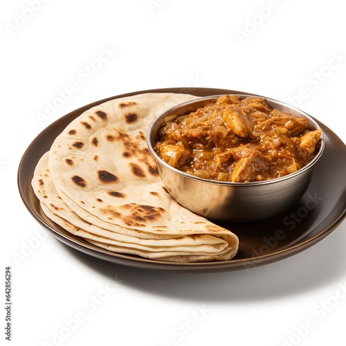 a plate with roti and chicken curry isolated on white background