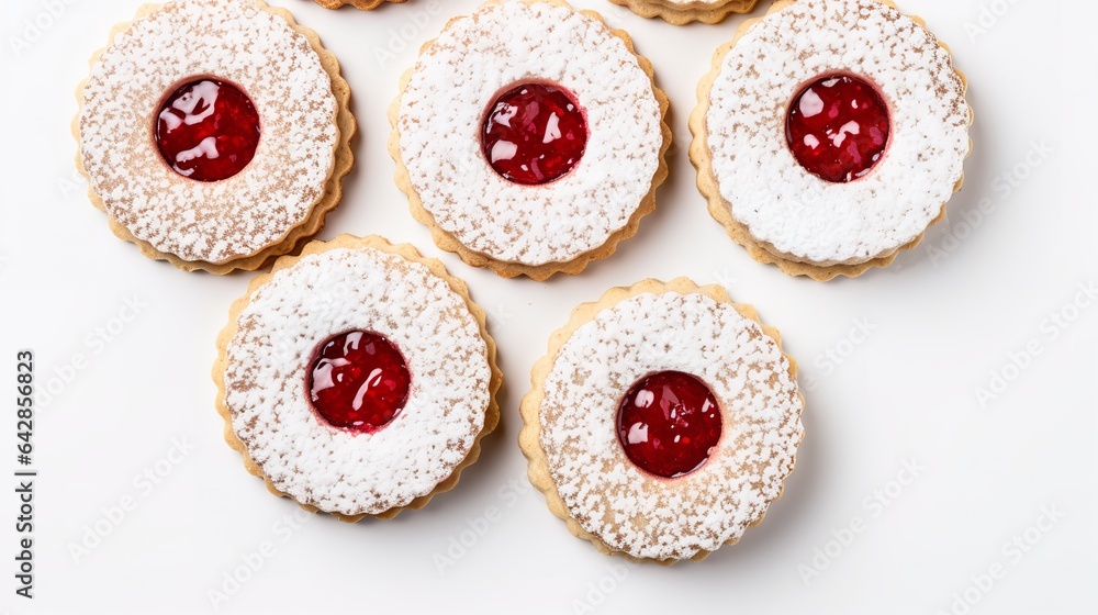 Classic Austrian Linzer Cookies isolated on white background top view Classic Austrian Linzer Cookies isolated on white background top view