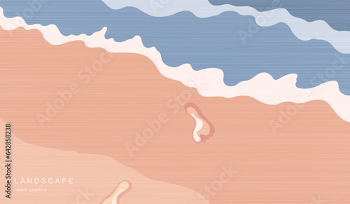 Modern seascape in a minimalist style. Top view. In the frame, a piece of the beach and coastline with wet footprints in sand.