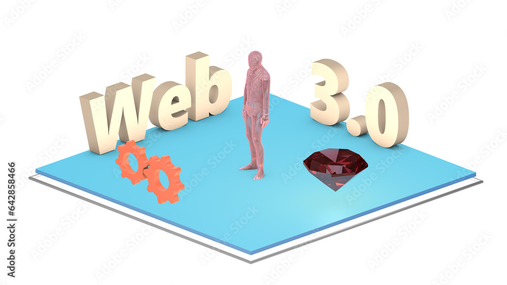 Web 3.0 text, neon effect. The concept of new technologies. Gears, red ruby and man isolated on a transparent background png. 3D render. The concept of the Internet and new technologies. Web 3.0 text, neon effect. The concept of new technologies. Gears, red ruby and man isolated on a transparent background png. 3D render. The concept of the Internet and new technologies.
