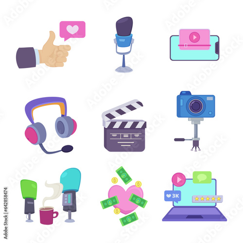 Media and internet elements vector illustrations set. Collection of cartoon drawings of radio microphones, camera for recording videos, clapper. Multimedia, network, communication concept photo