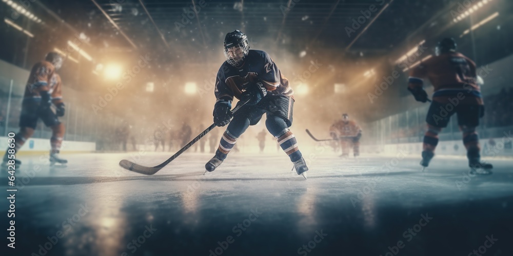 Hockey. Professional hockey player swings his stick. Hockey players