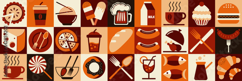 Food and drink pattern. Set of icons. Geometric pattern. Mosaic style. Autumn palette of colors
