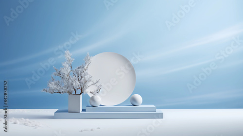 3D podium display and pine tree, Christmas lights background with snow and 3D modern pedestal design for product showcase presentation, studio lighting, AI generated.