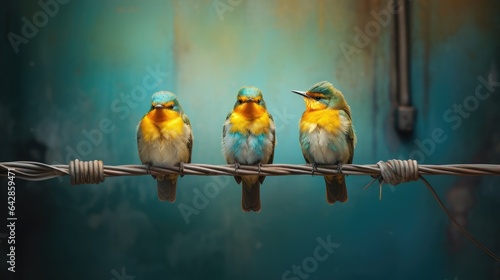 Three birds sitting on wire © kardaska