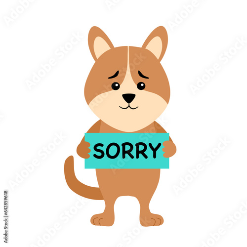 Cute sad dog holding sorry sign cartoon character in flat design on white background.