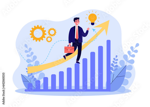 Businessman achieving success in career vector illustration. Happy entrepreneur climbing chart ladder, upward arrow showing business development and income increase. Personal growth concept