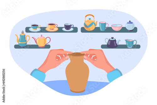 Hands making ceramic vase in workshop vector illustration. Pottery and ceramic products, handmade cups, kettles, bowls and mugs on shelves for home decoration. Craft work, hobby, tableware concept