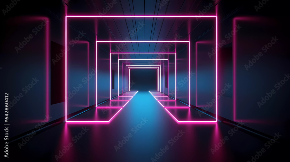 Abstract futuristic dark blue and pink neon light background, empty room with square neon tube. vector illustration