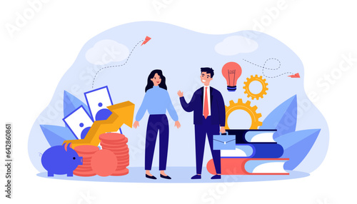 Businessman to investor communication vector illustration. Entrepreneur pitching to sponsor for startup, exchanging skills and ideas for money. Funding, finance, business, networking concept