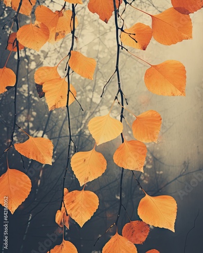 leaves hanging from a tree branch in the foggy forest, with an orange and yellow leaf on it's branches