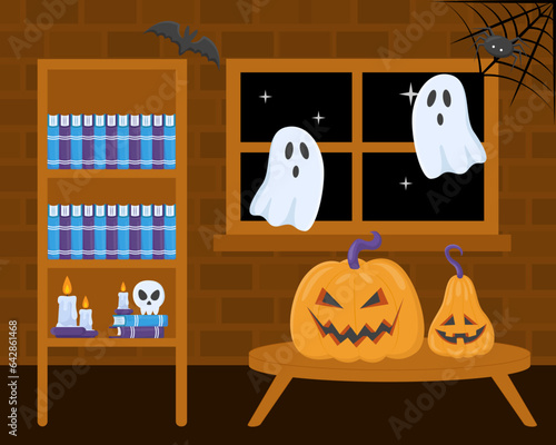 Room decoration for Halloween party vector illustration. Carved pumpkins, bookshelf with candles and magic books, ghosts, spiders and bats in haunted house. Ghoulish decor, Halloween concept