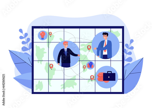 Businessman building network on map vector illustration. Investor giving financial support to startup, business partners making agreement, sharing plans. Funding, finance, networking concept