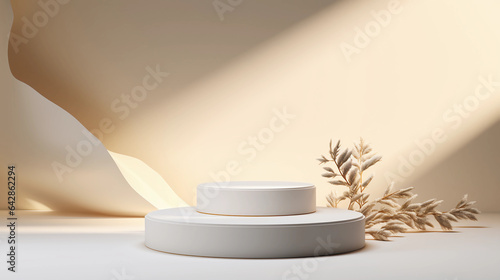 Summer pastel podium and flower  Abstract minimal geometric background  Aesthetic summer dais  sunlight and shadow on the wall  3D Modern design for product showcase  studio lighting  AI generated.