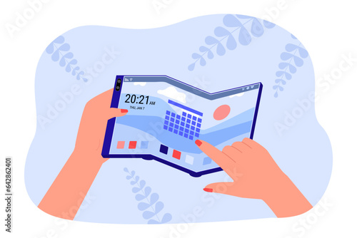 Female hands with innovative foldable phone vector illustration. Drawing of hands of person holding smartphone of new generation with bending screen. Technology, innovation, development concept
