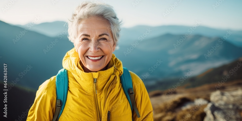On a crisp autumn day, a woman stands in nature surrounded by a kaleidoscope of leaves, her bright smile and yellow clothing standing out against the bright blue sky