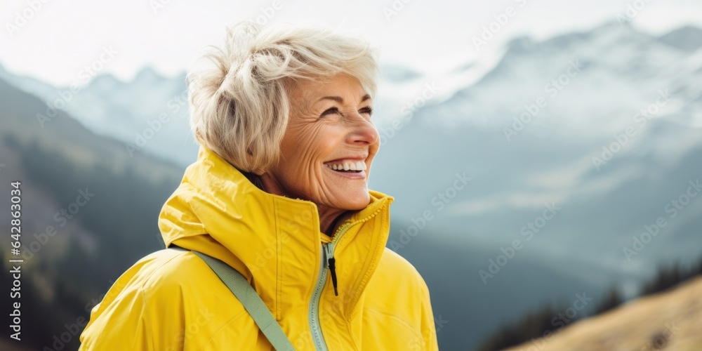 On a crisp autumn day, a woman stands in nature, her yellow jacket a bright contrast to the orange and brown leaves that swirl around her, a smile on her face as she hikes and enjoys the beauty of th