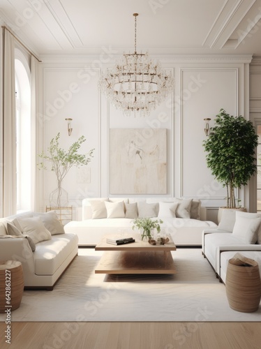 This contemporary living room design features a cozy loveseat, white furniture, bright windows, a sparkling chandelier, vibrant houseplants, and warm flooring that come together to create an inviting