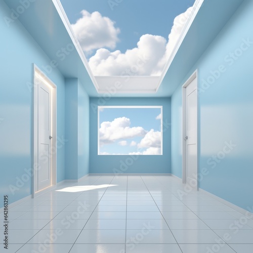 A soft, ethereal light streams through the skylight of the hallway, creating an otherworldly atmosphere between the clouds in the sky and the stark walls and floors of the indoor building © mockupzord