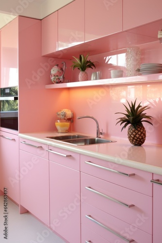 A bright and inviting pink kitchen filled with unique details like a pineapple on the countertop, cabinetry, drawers, cupboards, a sink, houseplants, taps, and a ceiling plant creates a welcoming hom