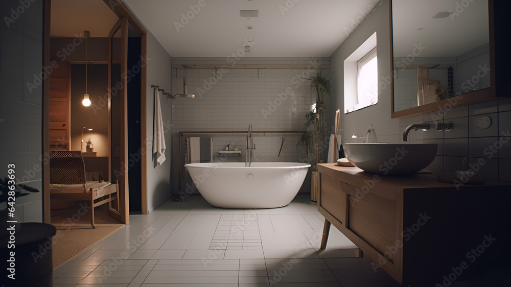 a bathroom, minimalist design, in the morning light a bathroom, minimalist design, in the morning light