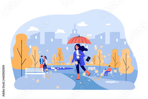 Happy woman in city park with umbrella vector illustration. Cartoon drawing of girl walking outside, man on bench, couple near pond with swan. Autumn, outdoor activity, weather, seasons concept