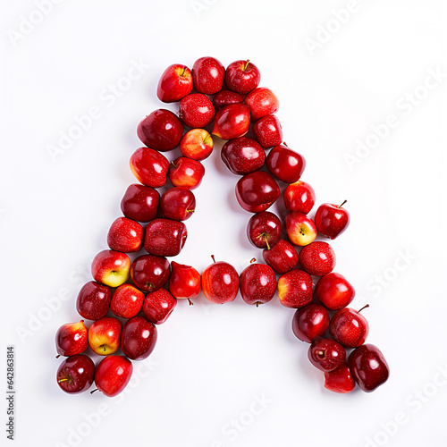 Alphabet A made of fresh red apples on white background.