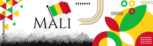 The Mali Independence Day abstract banner design with flag and map. Flag color theme geometric pattern retro modern Illustration design. Green, yellow and red color template.