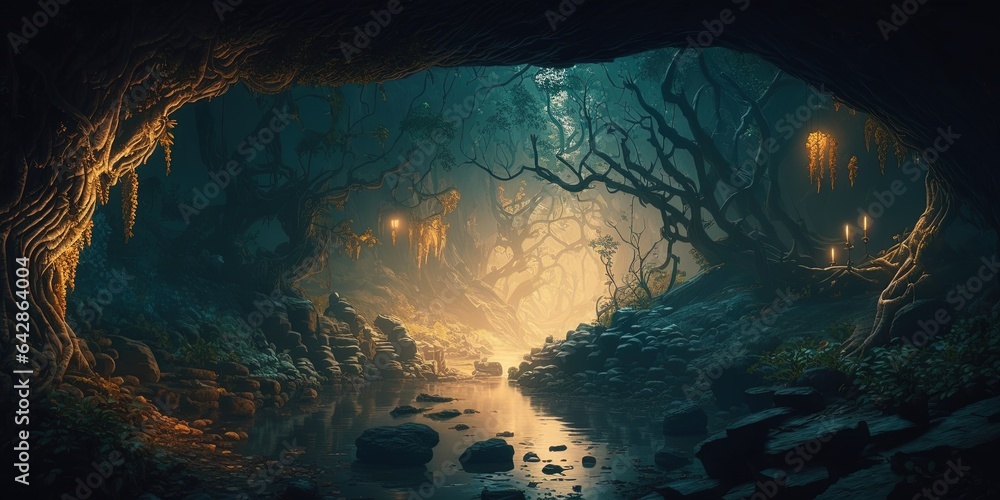 A fantastic mystical landscape of the elven gorge. Grim mountains, trees, and a stream. A magical place in the middle of the forest illuminated by magical lanterns, fireflies. AI generated. - obrazy, fototapety, plakaty 