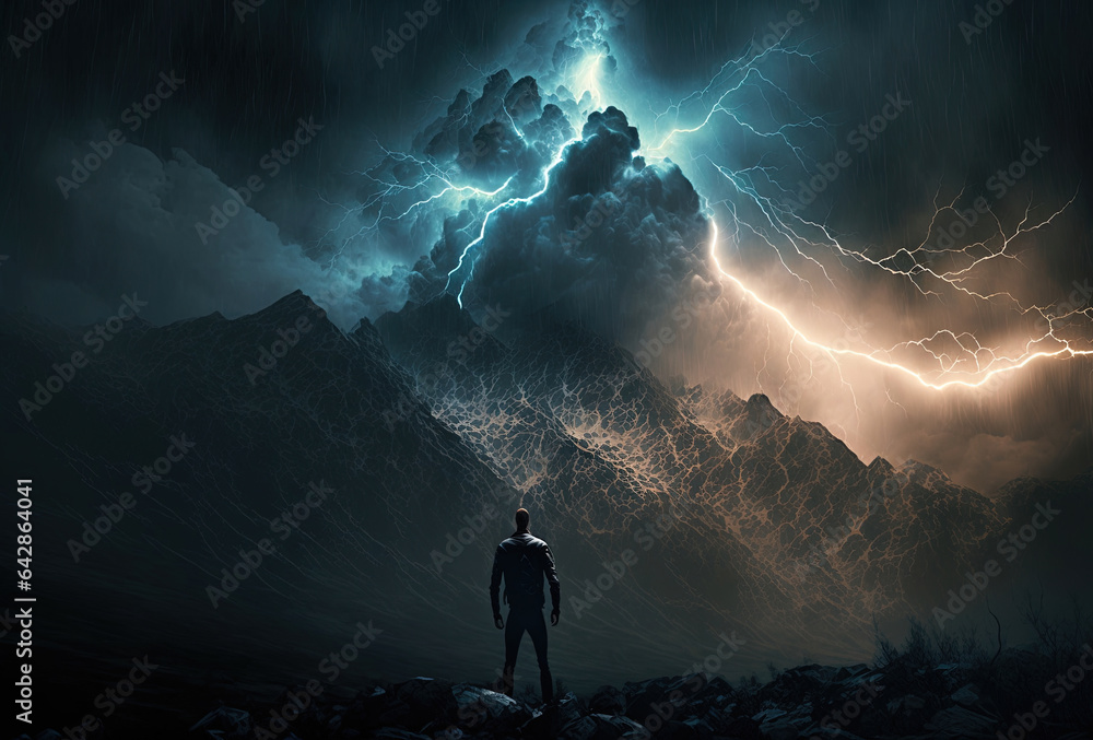 Obraz premium A man stands with his back to the high mountains and a stormy night sky. Bright flashes of lightning illuminate the man's silhouette. The concept of courageAI generated