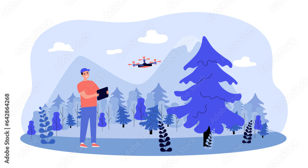 Happy researcher with drone in forest vector illustration. Cartoon drawing of man monitoring or exploring ecosystem of rainforest. Technology, nature, exploration concept