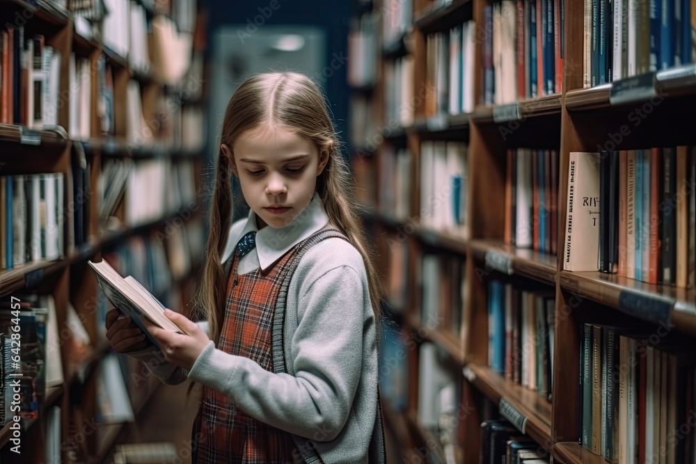 a young girl reading in the library, she is wearing a school uniform and holding a book with her right hand a young girl reading in the library, she is wearing a school uniform and holding a book with her right hand