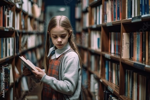 a young girl reading in the library, she is wearing a school uniform and holding a book with her right hand