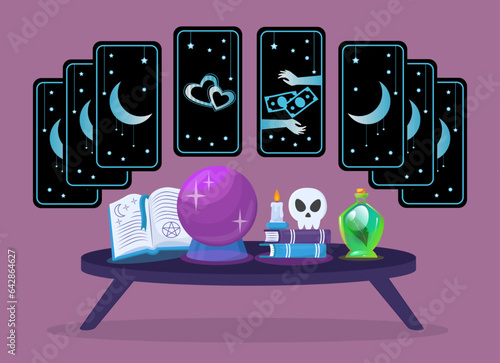 Tarot cards and deviation equipment vector illustration. Customized cards with moon and heart design, crystal ball, magic books for fortune telling. Halloween, witchcraft, prediction concept