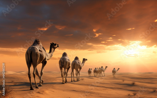 Camels walking in the desert at sunset