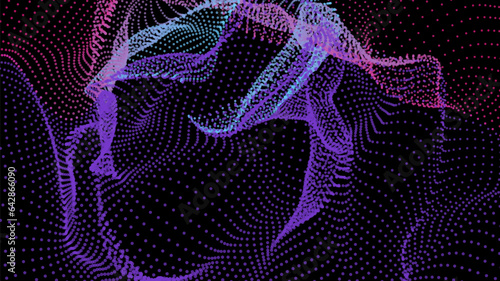 Energy net flows. Dot particle lines penetrating fog. Neon lights plexus of knots. Curved node row space infinity. Linking funnel universe parameters. Background information technology presentation.