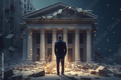 Businessman standing in front of the bank with broken bank building in the background