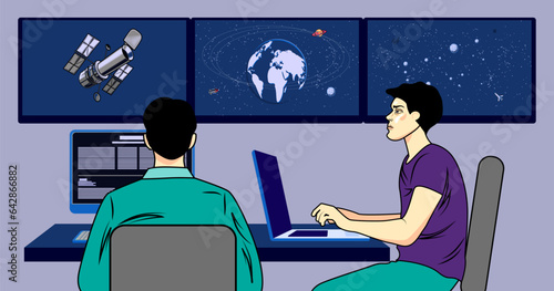 ISS workers establishing or losing connection with satellite. International space station employees working at computers vector illustration. Space, technology, communication, management concept