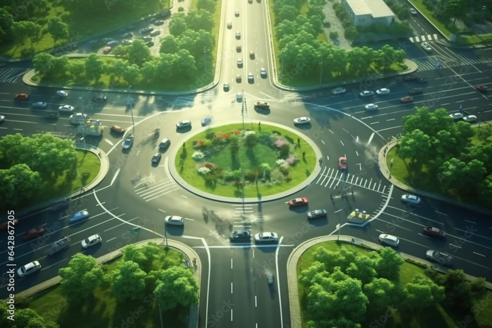 Aerial top view of a roundabout in the middle of a green city Stock ...
