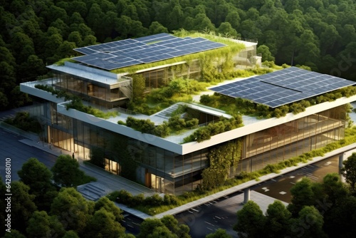 Sustainable Eco-Friendly Building - Futuristic Architecture, Green Roofs, Solar Panels, and Natural Integration - Generative AI © A Sku